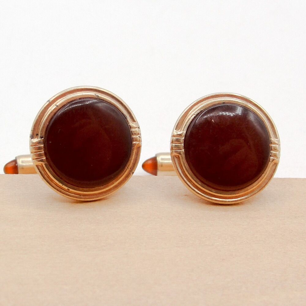 Vintage Krementz Gold Overlay Round Red Brown Carnelian Cabochon Cufflinks